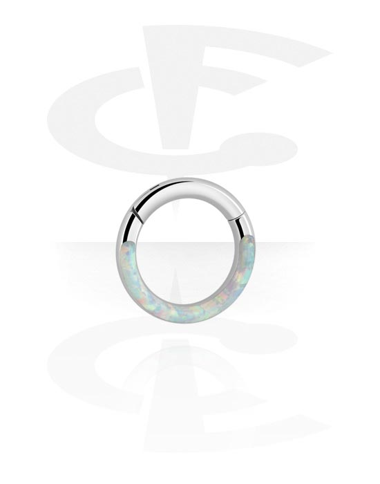 Piercingové kroužky, Piercingový clicker (chirurgická ocel, stříbrná, lesklý povrch) s syntetickým opálem, Chirurgická ocel 316L