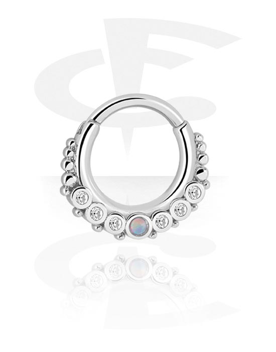 Piercing ad anello, Multi-purpose clicker (acciaio chirurgico, argento, finitura lucida) con opale sintetico e cristallini, Acciaio chirurgico 316L