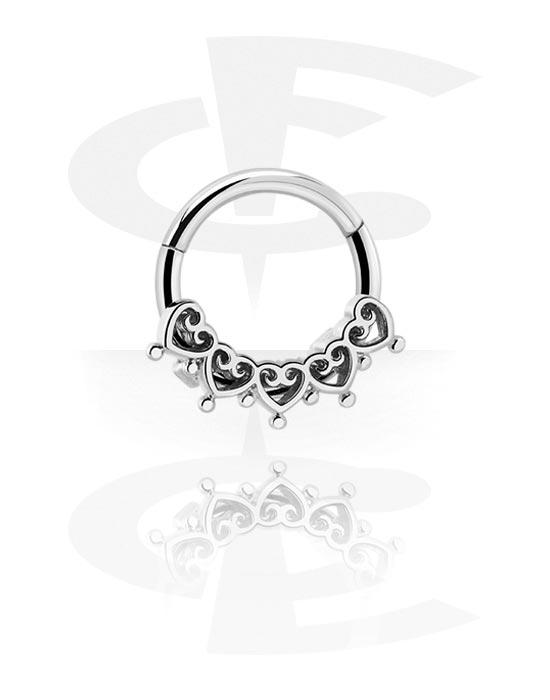 Piercingové kroužky, Piercingový clicker (chirurgická ocel, stříbrná, lesklý povrch) s designem srdce, Chirurgická ocel 316L, Pokovená mosaz