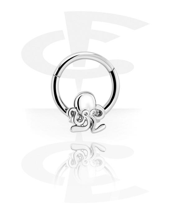 Piercingové kroužky, Piercingový clicker (chirurgická ocel, stříbrná, lesklý povrch) s designem chobotnice, Chirurgická ocel 316L, Pokovená mosaz