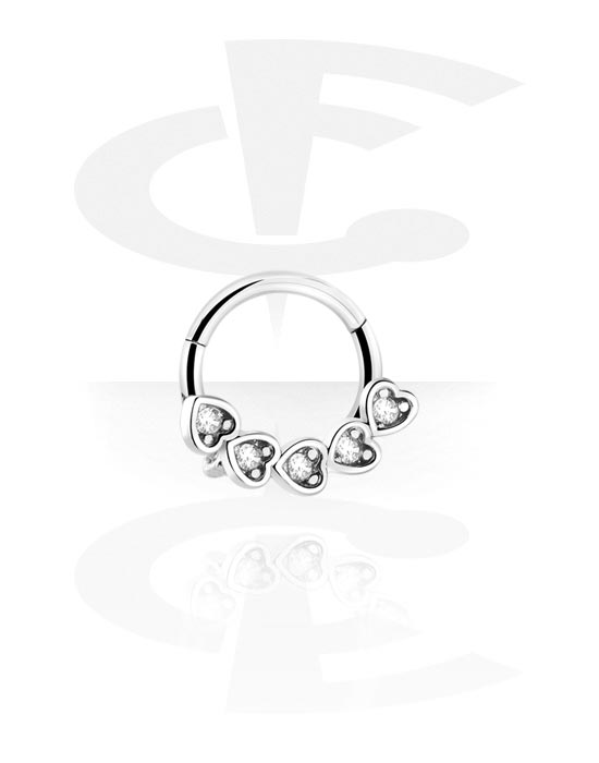 Piercingové kroužky, Piercingový clicker (chirurgická ocel, stříbrná, lesklý povrch) s designem srdce a krystalovými kamínky, Chirurgická ocel 316L, Pokovená mosaz