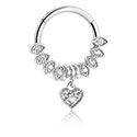 Anneaux, Multi-purpose clicker (acier chirurgical, argent, finition brillante) avec pendentif coeur et pierres en cristal, Acier chirurgical 316L ,  Laiton plaqué