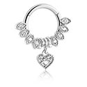 Anneaux, Multi-purpose clicker (acier chirurgical, argent, finition brillante) avec pendentif coeur et pierres en cristal, Acier chirurgical 316L ,  Laiton plaqué