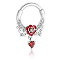 Piercing Rings, Piercing clicker (surgical steel, silver, shiny finish) with heart charm and crystal stones, Surgical Steel 316L ,  Plated Brass