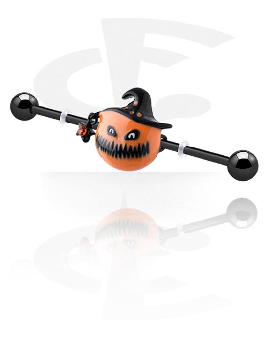 Barbells, Industrial barbell com design de Halloween "abóbora", Aço cirúrgico 316L, Latão revestido