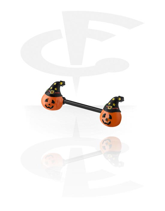 Tepelpiercings, Tepel-barbell met Halloween-motief ‘pompoen’, Chirurgisch staal 316L, Belegde messing