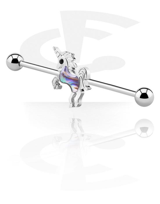 Barbells, Industrial Barbell with unicorn design, Surgical Steel 316L, Plated Brass