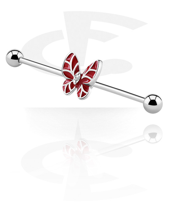 Barbells, Industrial Barbell with butterfly charm and crystal stones, Surgical Steel 316L ,  Plated Brass