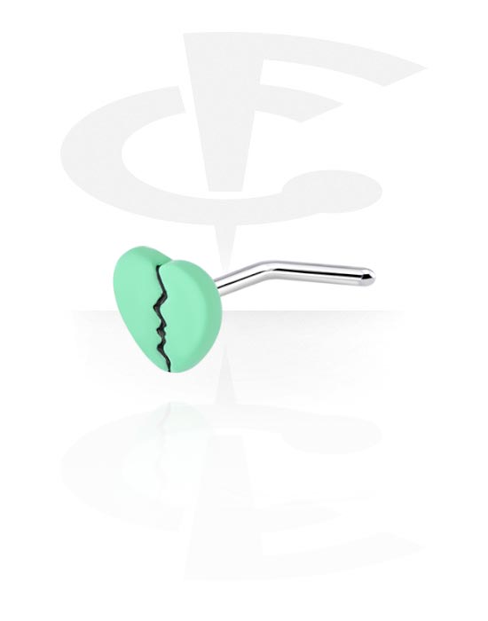 Medicinke i alkice za nos, Klin za nos u obliku slova L (kirurški čelik, srebrna, sjajna završna obrada) s dizajnom srca, Kirurški čelik 316L, Obloženi mesing