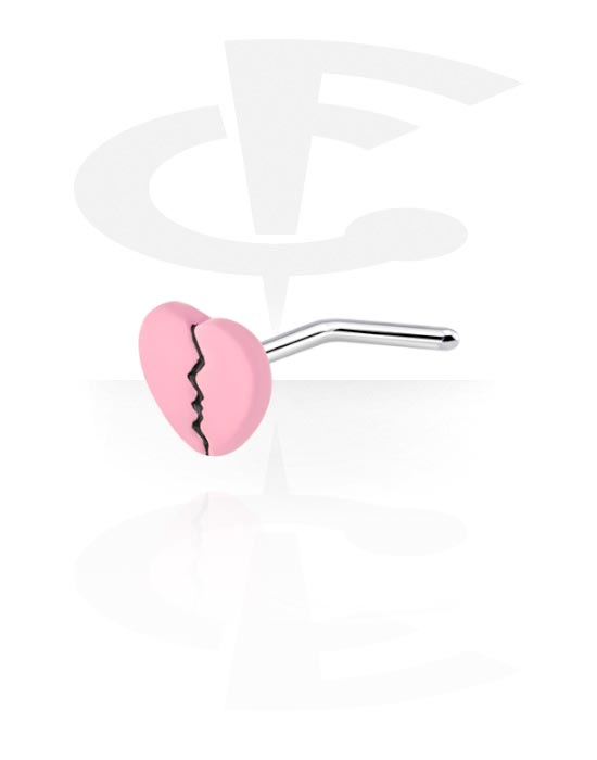 Nose Jewellery & Septums, L-shaped nose stud (surgical steel, silver, shiny finish) with heart design, Surgical Steel 316L, Plated Brass