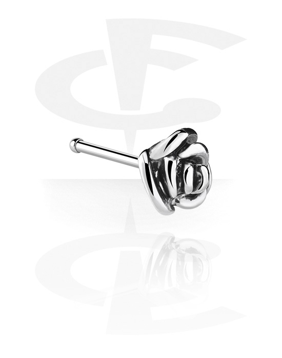 Nose Jewellery & Septums, Straight nose stud (surgical steel, silver, shiny finish) with rose design, Surgical White Steel 316L