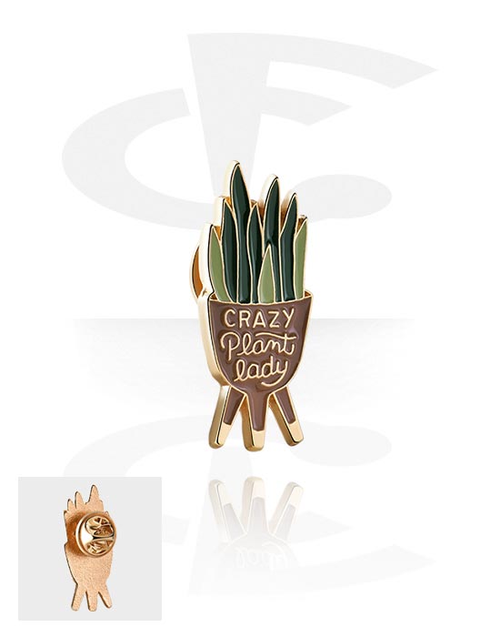 Pins, pin met plant-motief en opdruk ‘crazy plant lady’, Staallegering
