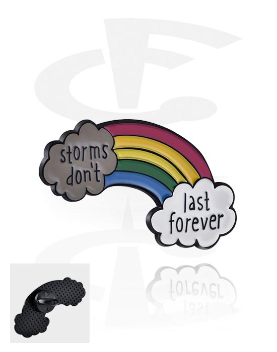 Pins, Pins med regnbågsdesign och "storms don't last forever" lettering, Legerat stål