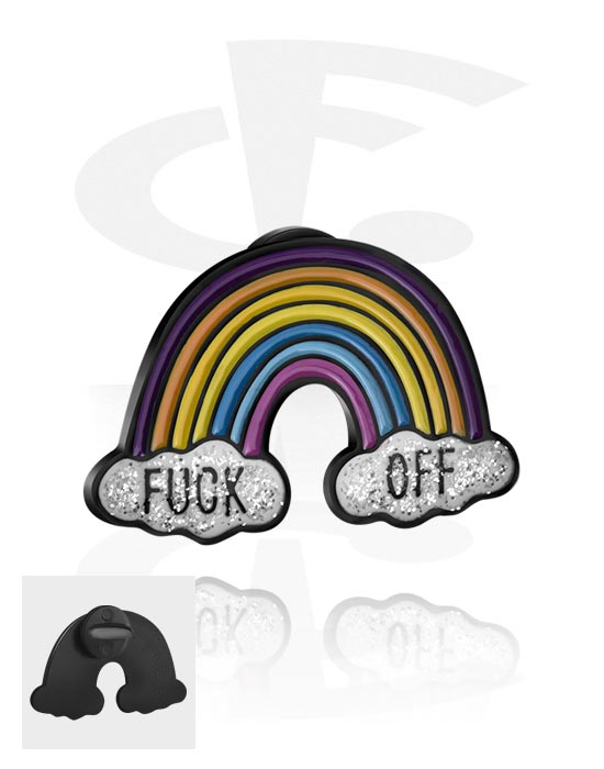 Pins, Pins com design arco-íris e palavra "f*ck off", Liga de aço