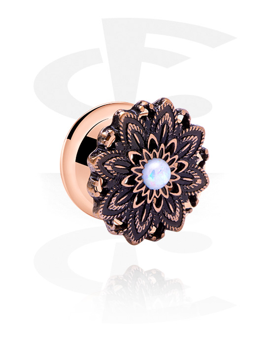 Tunnels & Plugs, Double flared tunnel (surgical steel, rose gold, shiny finish) with flower design and mother of pearl stone, Rose Gold Plated Surgical Steel 316L, Rose Gold Plated Brass