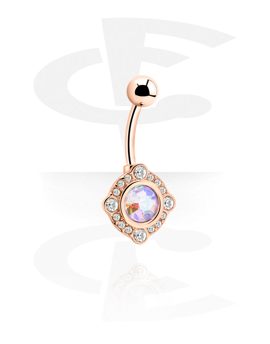 Curved Barbells, Belly button ring (surgical steel, rose gold, shiny finish) with crystal stone, Rose Gold Plated Surgical Steel 316L, Plated Brass
