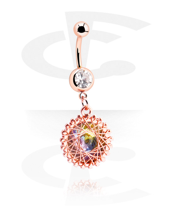 Curved Barbells, Belly button ring (surgical steel, rose gold, shiny finish) with crystal stone and charm, Gold Plated Surgical Steel 316L