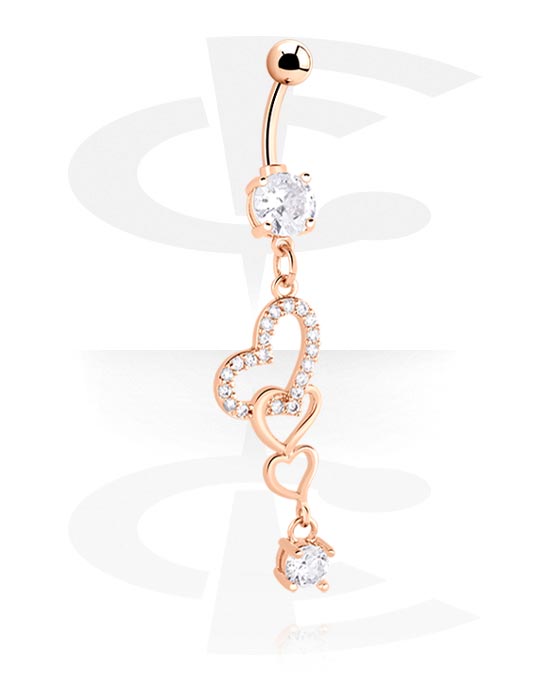 Curved Barbells, Belly button ring (surgical steel, rose gold, shiny finish) with heart charm and crystal stones, Rose Gold Plated Surgical Steel 316L