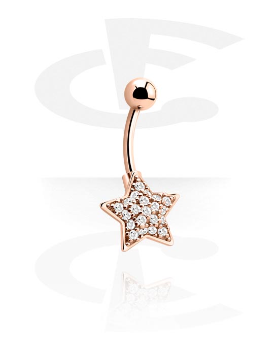Curved Barbells, Belly button ring (surgical steel, rose gold, shiny finish) with star attachment and crystal stones, Rose Gold Plated Surgical Steel 316L