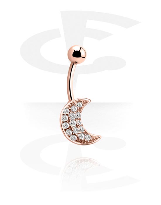Curved Barbells, Belly button ring (surgical steel, rose gold, shiny finish) with moon design and crystal stones, Rose Gold Plated Surgical Steel 316L