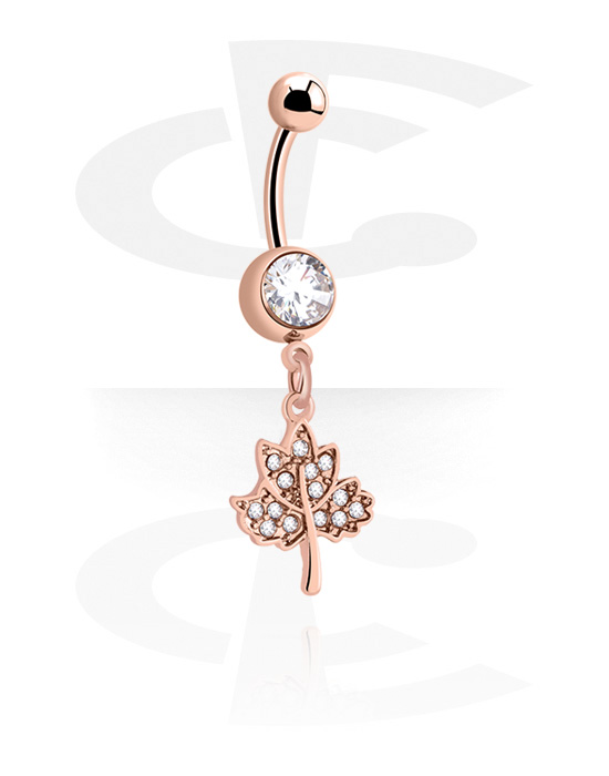 Curved Barbells, Belly button ring (surgical steel, rose gold, shiny finish) with leaf pendant and crystal stones, Rose Gold Plated Surgical Steel 316L, Surgical Steel 316L