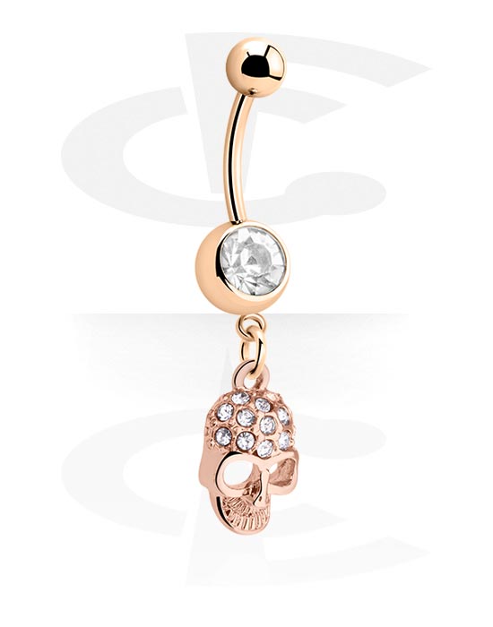 Curved Barbells, Belly button ring (surgical steel, rose gold, shiny finish) with skull charm and crystal stones, Rose Gold Plated Surgical Steel 316L