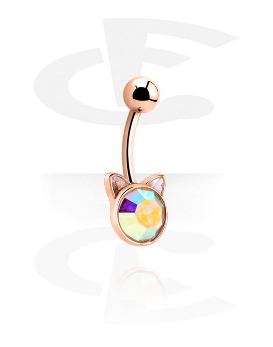 Bananer, Belly button ring (surgical steel, rose gold, shiny finish) med kattdesign och kristallsten, Roséförgyllt kirurgiskt stål 316L, Roséförgylld mässing