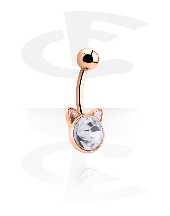 Curved Barbells, Belly button ring (surgical steel, rose gold, shiny finish) with cat design and crystal stone, Rose Gold Plated Surgical Steel 316L, Rose Gold Plated Brass