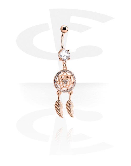 Curved Barbells, Belly button ring (surgical steel, rose gold, shiny finish) with dreamcatcher charm and crystal stones, Rose Gold Plated Surgical Steel 316L