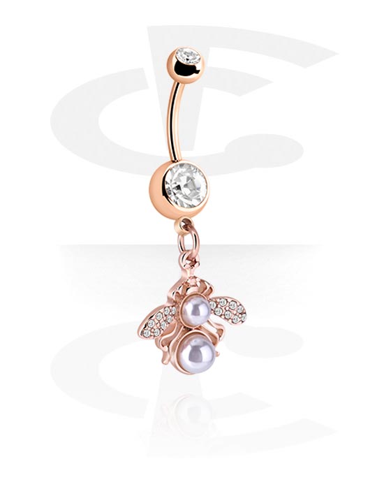 Curved Barbells, Belly button ring (surgical steel, silver, shiny finish) with charm and crystal stones, Rose Gold Plated Surgical Steel 316L, Rose Gold Plated Brass