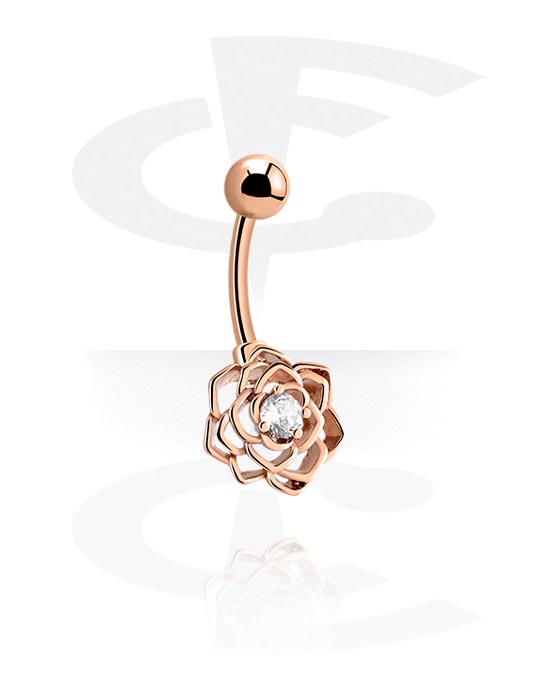 Ívelt barbellek, Belly button ring (surgical steel, rose gold, shiny finish) val vel Virág dizájn és Kristálykő, Rózsa-aranyozott sebészeti acél, 316L, Rózsa-aranyozott sárgaréz