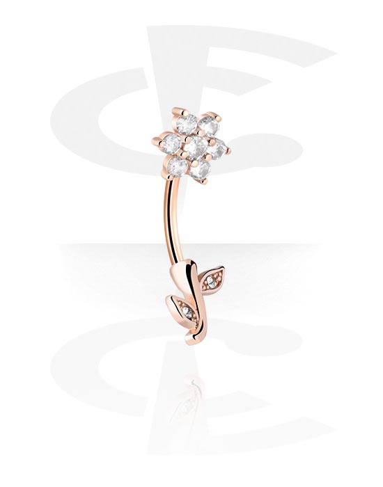 Curved Barbells, Belly button ring (surgical steel, gold, shiny finish) with flower design and crystal stones, Rose Gold Plated Surgical Steel 316L, Plated Brass