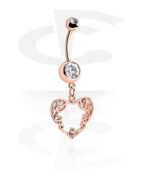 Curved Barbells, Belly button ring (surgical steel, rose gold, shiny finish) with crystal stones and heart charm, Rose Gold Plated Surgical Steel 316L