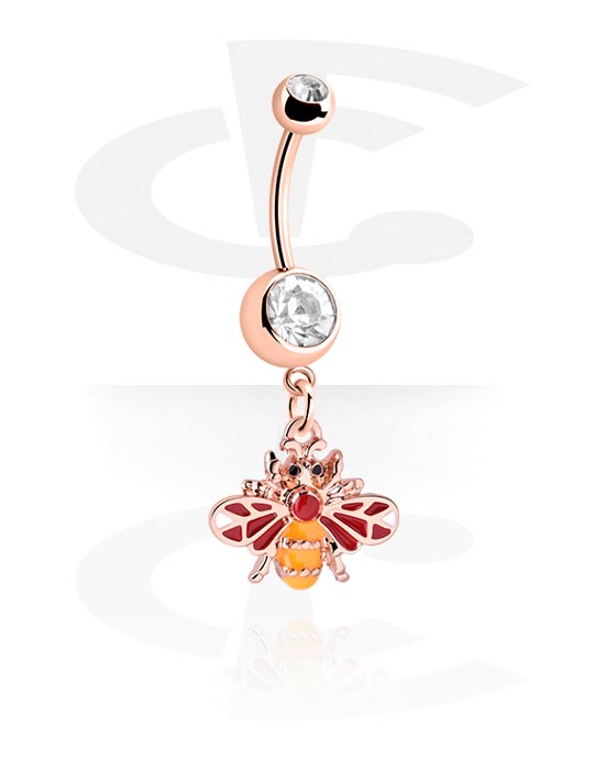Curved Barbells, Belly button ring (surgical steel, rose gold, shiny finish) with bee design and crystal stones, Rose Gold Plated Surgical Steel 316L