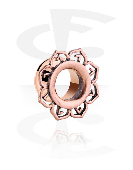 Tunnels & Plugs, Double flared tunnel (surgical steel, rose gold, shiny finish) with vintage flower attachment, Rose Gold Plated Surgical Steel 316L