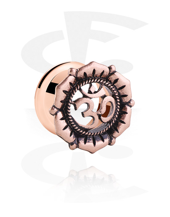 Tunnels & Plugs, Double flared tunnel (surgical steel, rose gold, shiny finish) with "Om" sign, Rose Gold Plated Surgical Steel 316L