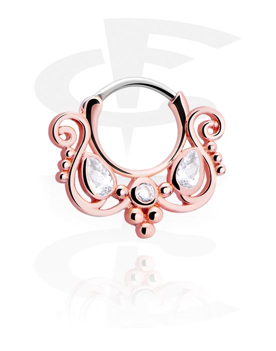 Anéis piercing, Piercing clicker (aço cirúrgico, ouro rosé, brilhante) com pedras de cristal, Aço cirúrgico 316L banhado a ouro rosé, Aço cirúrgico 316L