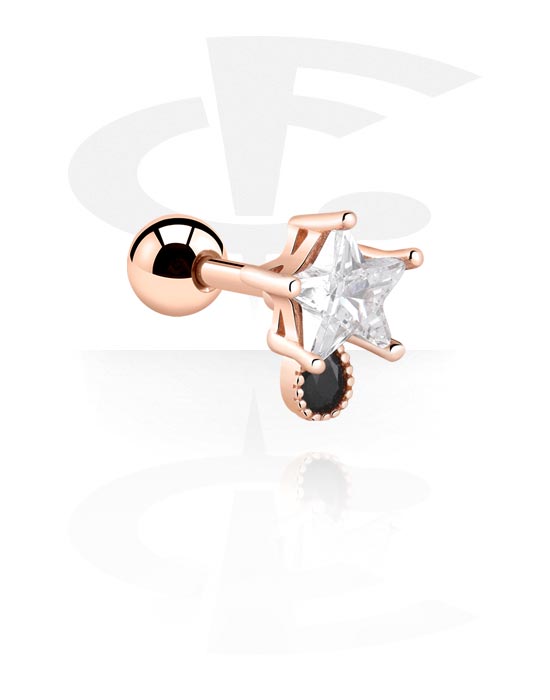 Helix & Tragus, Tragus Piercing with star design and crystal stones, Rose Gold Plated Surgical Steel 316L, Rose Gold Plated Brass