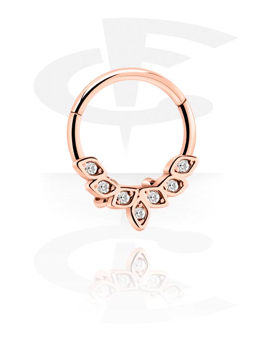 Piercingové kroužky, Piercingový clicker (chirurgická ocel, růžové zlato, lesklý povrch) s krystalovými kamínky, Chirurgická ocel 316L pozlacená růžovým zlatem