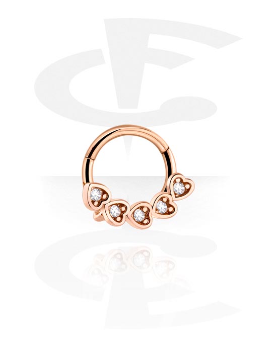 Piercing Rings, Piercing clicker (surgical steel, rose gold, shiny finish) with heart design and crystal stones, Rose Gold Plated Surgical Steel 316L, Rose Gold Plated Brass
