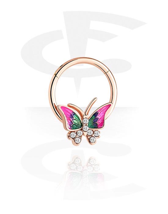 Piercing Rings, Piercing clicker (surgical steel, rose gold, shiny finish) with butterfly design and crystal stones, Rose Gold Plated Surgical Steel 316L, Rose Gold Plated Brass
