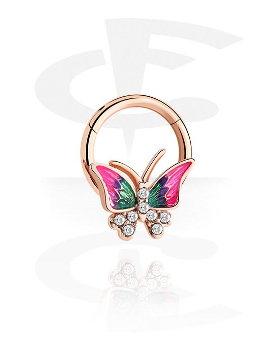 Piercinggyűrűk, Multi-purpose clicker (surgical steel, rose gold, shiny finish) val vel Pillangó dizájn és Kristálykövek, Rózsa-aranyozott sebészeti acél, 316L, Rózsa-aranyozott sárgaréz