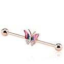 Barbells, Industrial Barbell with butterfly charm and crystal stones, Rose Gold Plated Surgical Steel 316L ,  Rose Gold Plated Brass