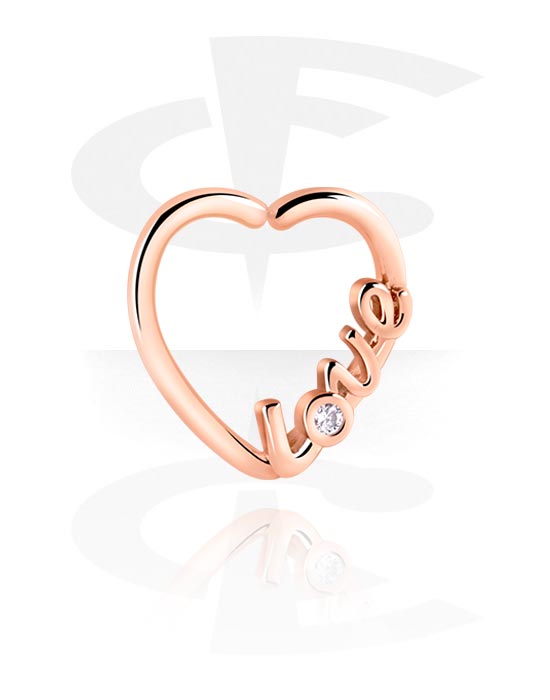 Piercing Rings, Heart-shaped continuous ring (surgical steel, rose gold, shiny finish) with heart design and crystal stone, Rose Gold Plated Brass