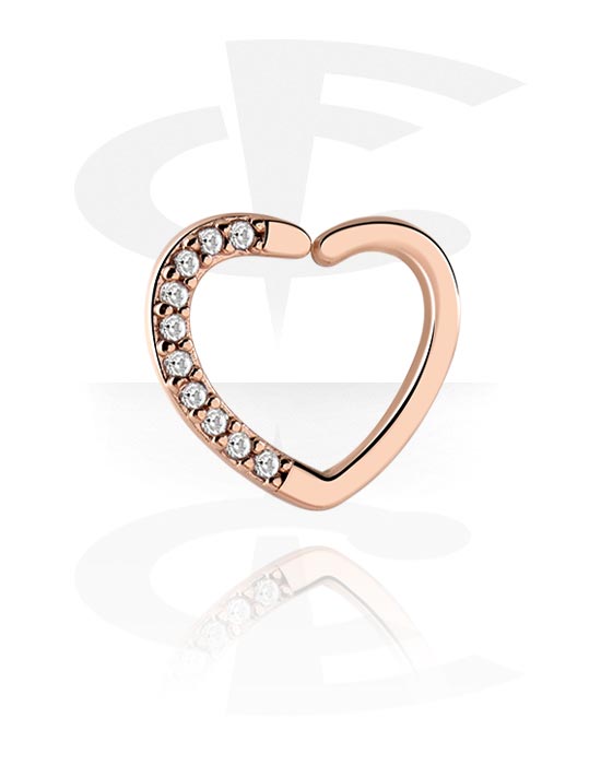 Piercing Rings, Heart-shaped continuous ring (surgical steel, rose gold, shiny finish) with crystal stones, Rose Gold Plated Brass