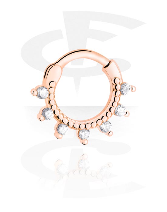 Piercingové kroužky, Piercingový clicker (chirurgická ocel, růžové zlato, lesklý povrch) s krystalovými kamínky, Chirurgická ocel 316L pozlacená růžovým zlatem