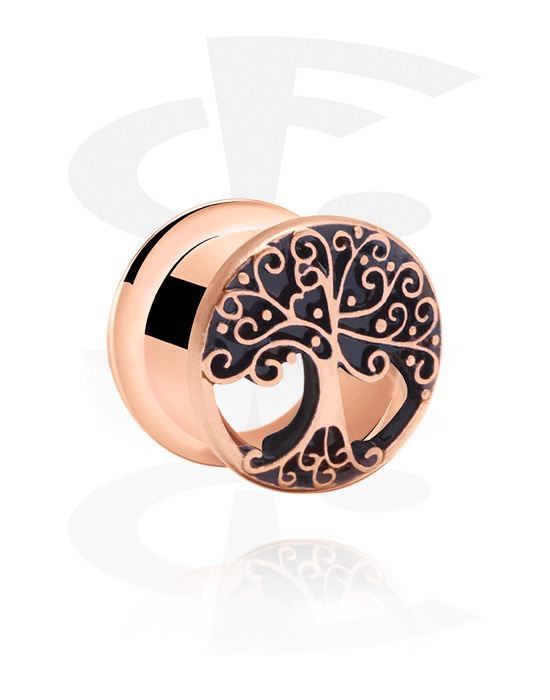 Tunnels & Plugs, Double flared tunnel (surgical steel, rose gold, shiny finish) with tree design, Rose Gold Plated Surgical Steel 316L
