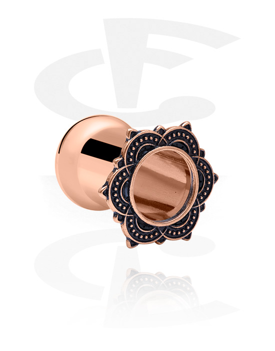 Tunnels & Plugs, Double flared tunnel (surgical steel, rose gold, shiny finish) with vintage flower design, Rose Gold Plated Surgical Steel 316L