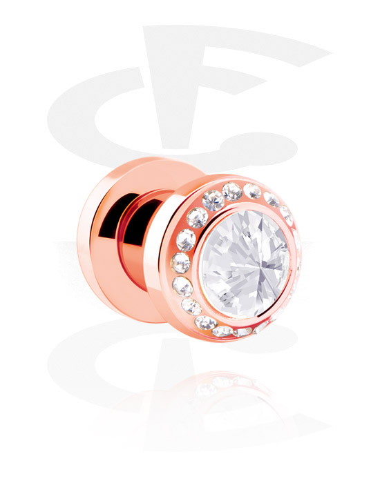 Tunnels & Plugs, Screw-on tunnel (surgical steel, rose gold, shiny finish) with crystal stones, Rose Gold Plated Surgical Steel 316L