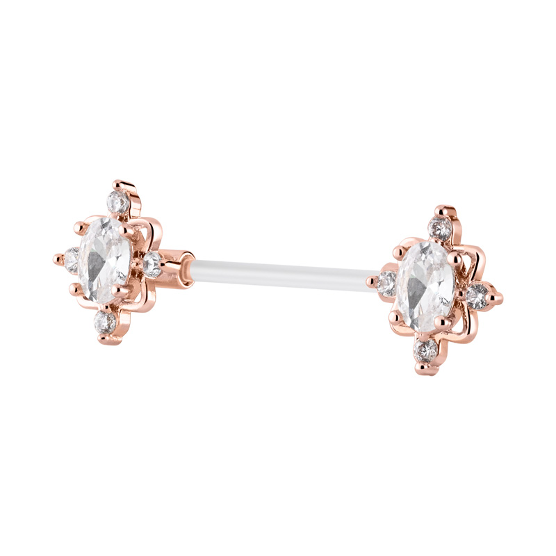 Nipple Barbell (bioflex, transparent) avec pierres en cristal Bioflex/Laiton plaqué or rose Piercings téton